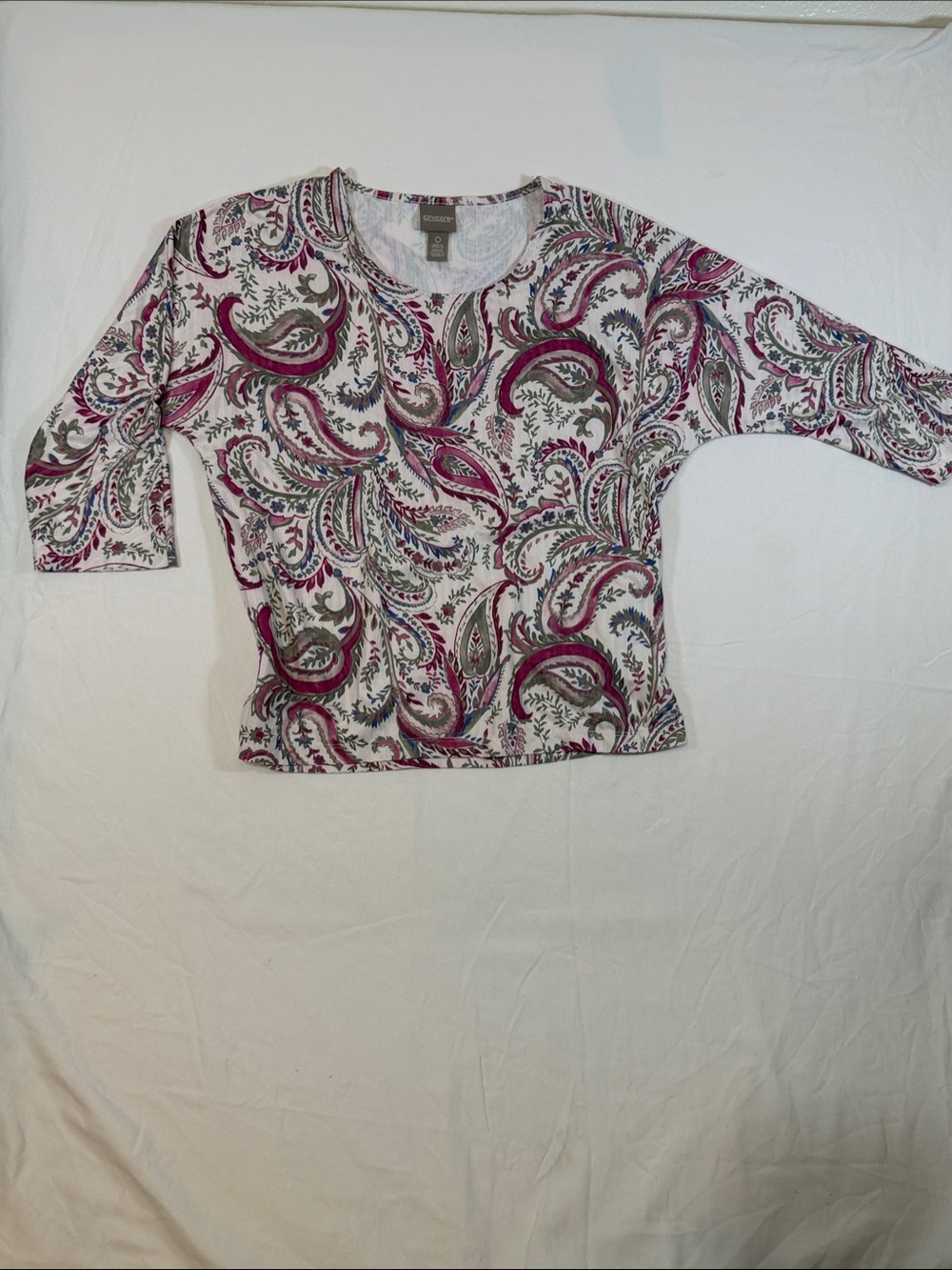 Chico's White Paisley Long Sleeve Top with Pink & Olive Accents